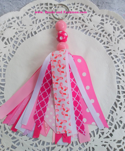 Breast Cancer Ribbon Large tassel Key chain  mini