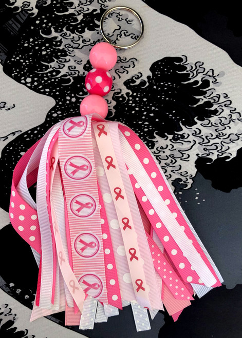 Breast Cancer Ribbon Large tassel Key chain  stripe