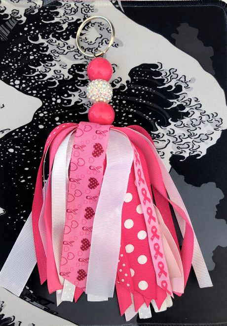Breast Cancer Ribbon Large tassel Key chain hearts