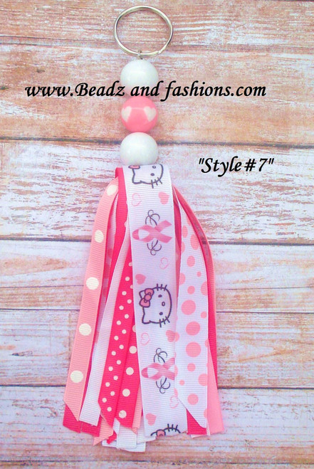 Breast Cancer Ribbon Large tassel Key chain kitty