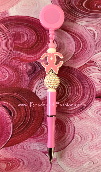 Breast Cancer Beadable badge reel & pen  #7A