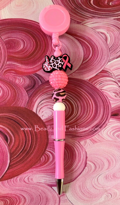 Breast Cancer Beadable badge reel & pen #3