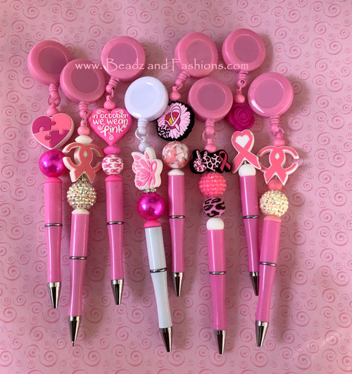 Breast Cancer Beadable badge reel & pen