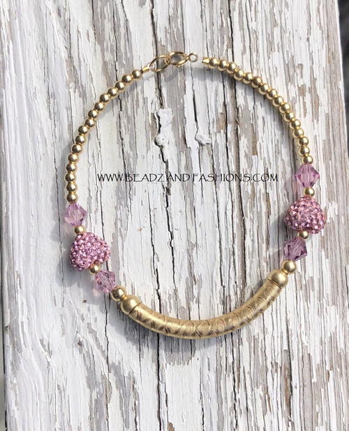 14k gold Pink Pave heart half bangle