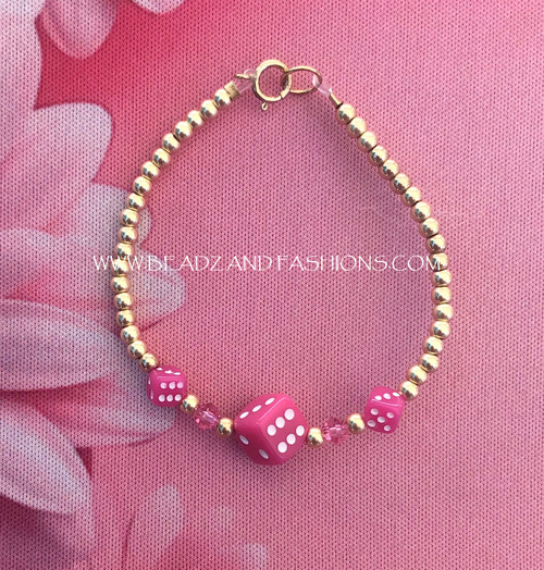 14k gold Pink dice bracelet kids #4