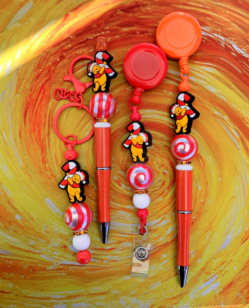 4PC POOH XMAS BADGE PEN KEYCHAIN SET #2