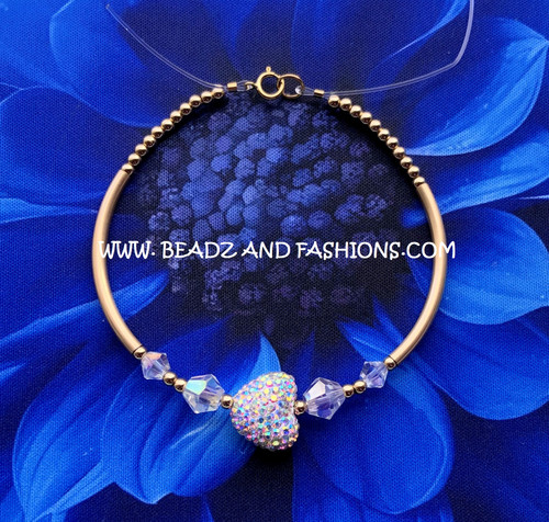 14k gold CLEAR Medium heart pave heart skinny bangle