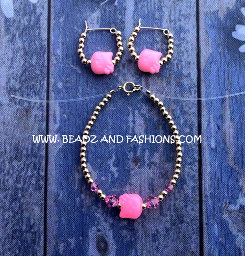 14k gold 2pc PINK kitty set