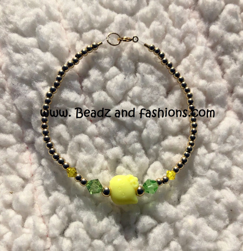14k gold kitty green & yellow bracelet