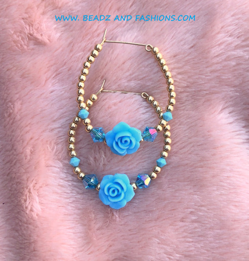 14k gold LARGE blue rose hoop earrings