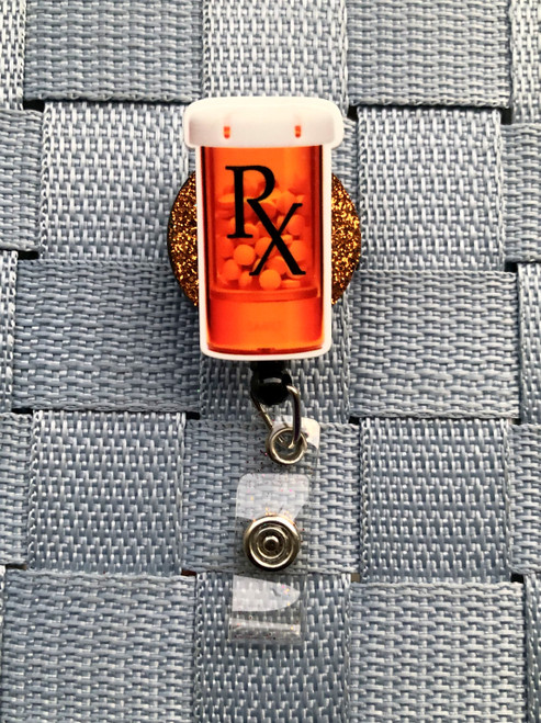 Orange Pill bottle planar badge reel