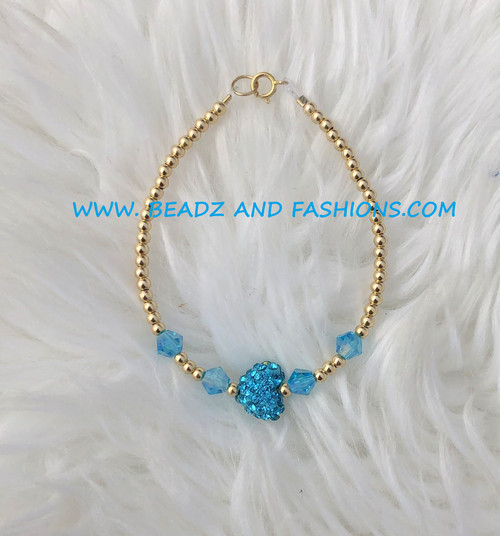 14k gold TURQUOISE blue heart pave bracelet #1