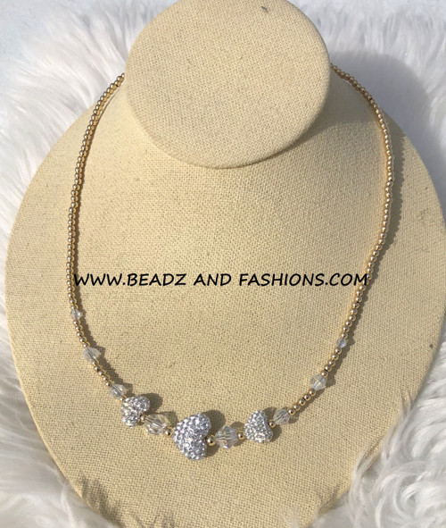 14k gold Clear TRI SMALL pave heart necklace #1A