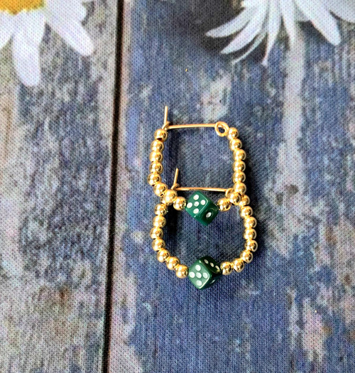 14k gold XS green dice earrings kids