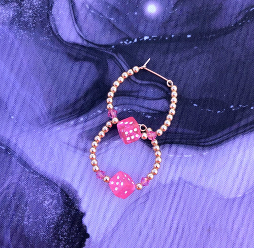 14k gold MEDIUM Glitter pink dice earring #1