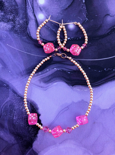 14k gold 2PC Glitter pink dice SET#1