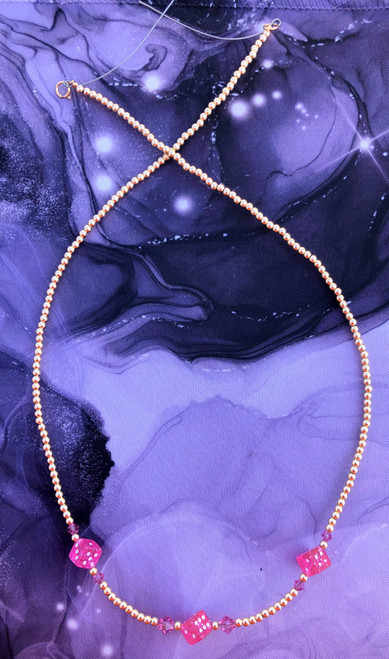 14k gold pink glitter dice necklace #1