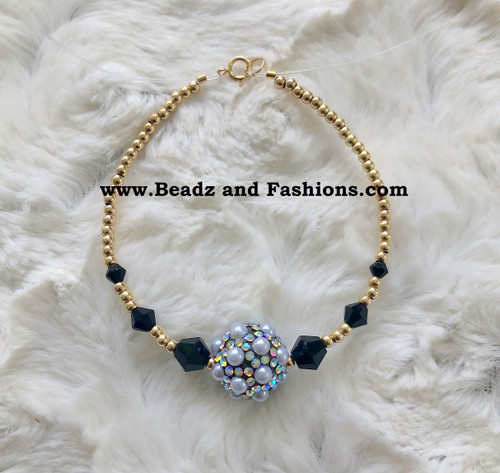 C14k gold BLACK pearl rhinestone bracelet