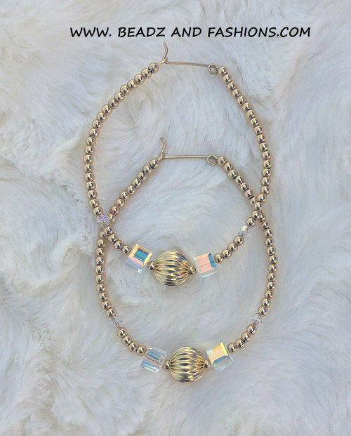 14k gold CLEAR cube & ball hoop earrings #1