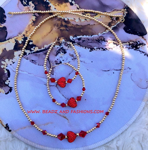 14k gold 2pc RED pave heart set #1E