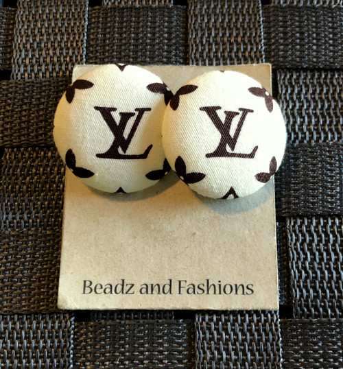 Tan logo fabric button earrings