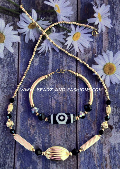 14k gold 2PC BLACK oval rice necklace SET #1