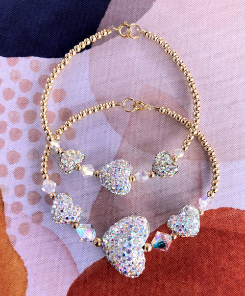 14k gold 2pc TRI heart pave bracelet set #1