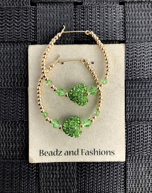 14k gold green Pave med heart earrings