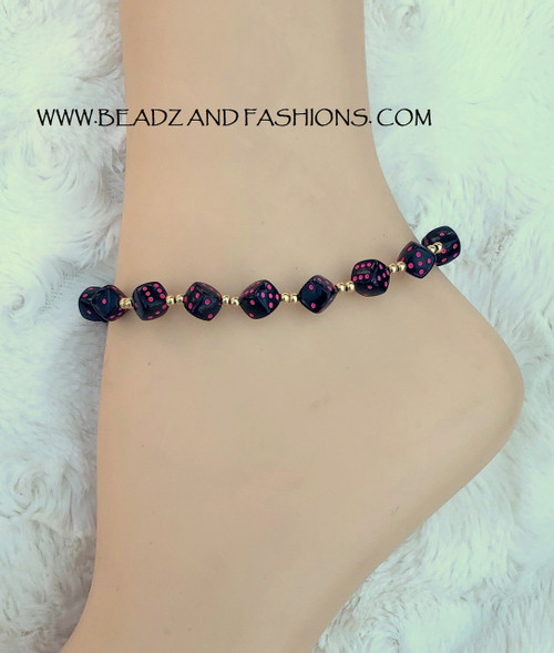 14k gold BLACK & PINK dice anklet #1A