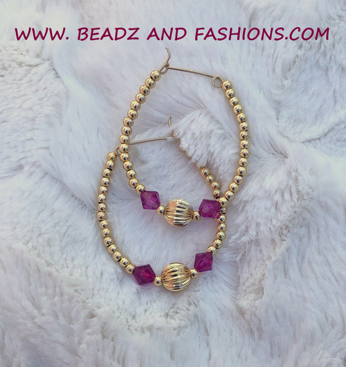 14k Gold LARGE Fuchsia ball & Crystal earrings #2
