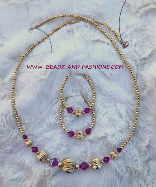 14k gold 2PC FUCHSIA Ball & CRYSTAL set #60E