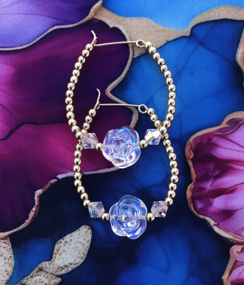 14k gold Large Clear Rose earrings