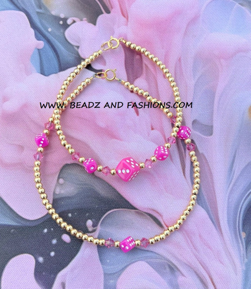 14k gold 2PC pink Dice BRACELET & ANKLET SET#1