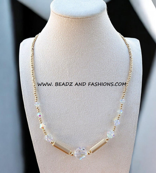 14k gold Round Crystal & tube necklace #1