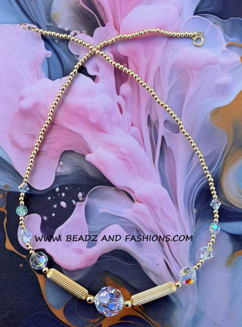 14k gold Round Crystal & tube necklace #1a