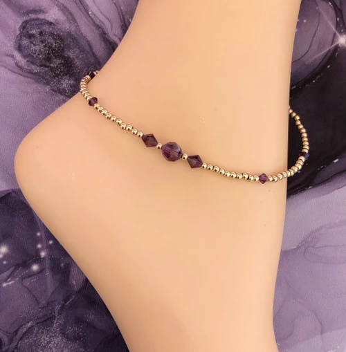 14k gold FEBRUARY round crystals anklet #1