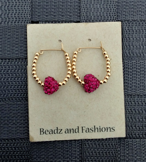 14k gold filled Fuschia pave heart hoop earrings