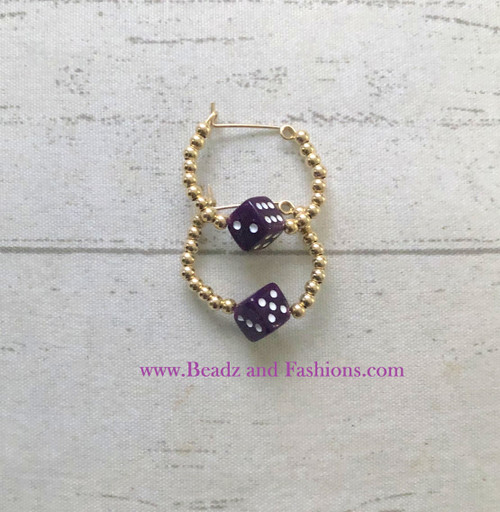 14k gold Small Dk.Purple dice hoop earrings