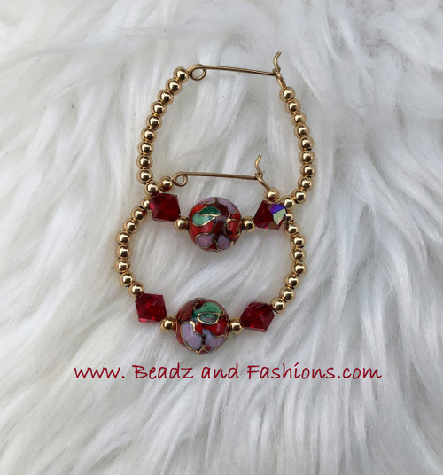 14k gold filled Red Chinese hoop earring