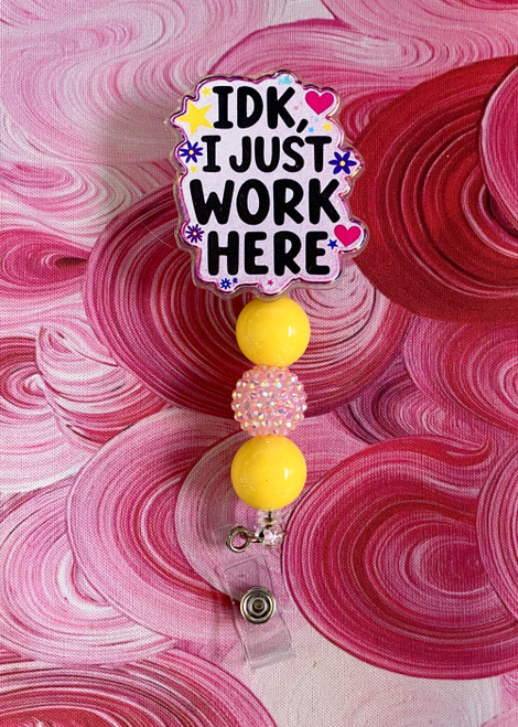 I work here beaded badge reel #9
