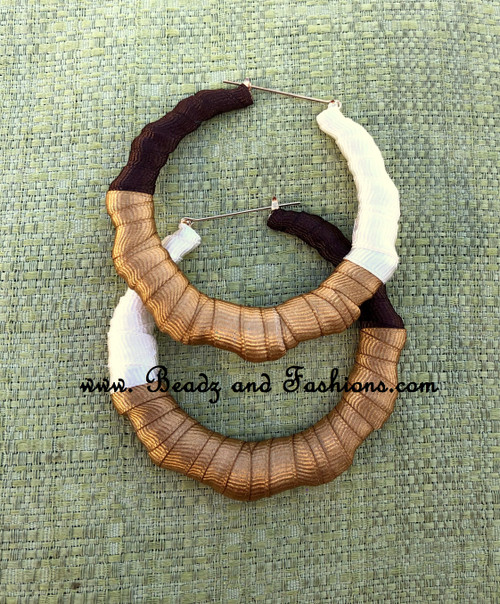 Tri Brown bamboo fabric hoop earrings