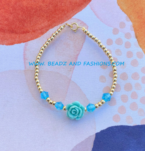 14k gold blue rose bracelet #1