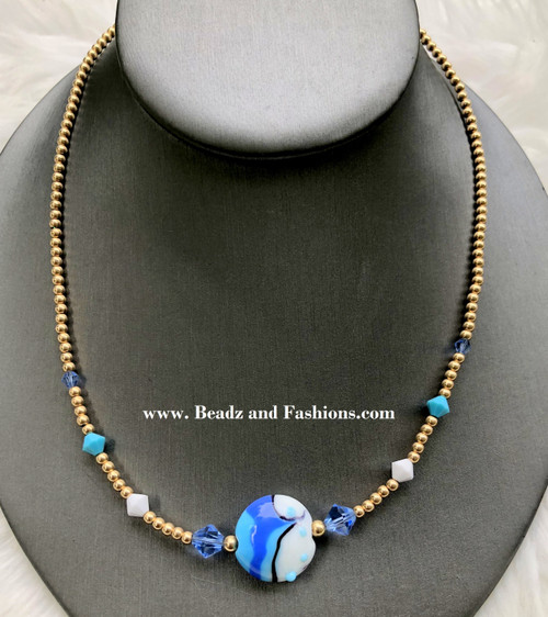 14k gold blue lampwork necklace