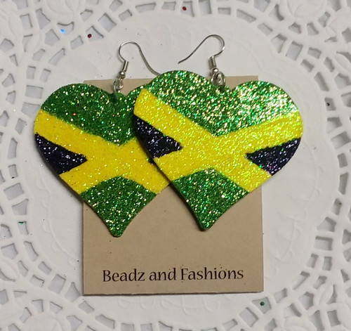 Jamaica  heart glitter wood earrings