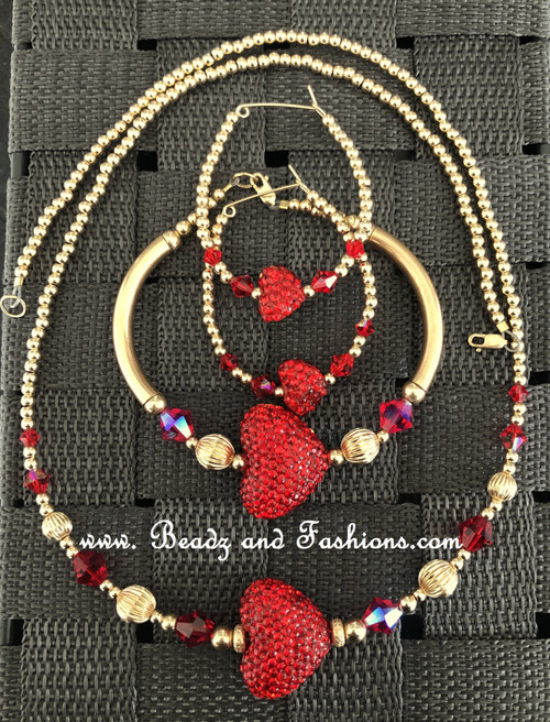 14k gold filled red 3pc pave heart set #2