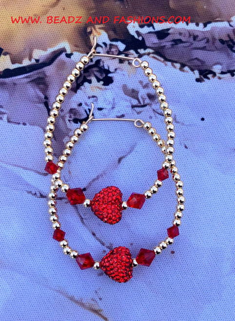 14k gold XL Red pave heart earring