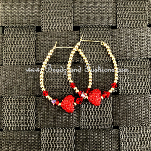 14k gold red pave heart hoop earring #1