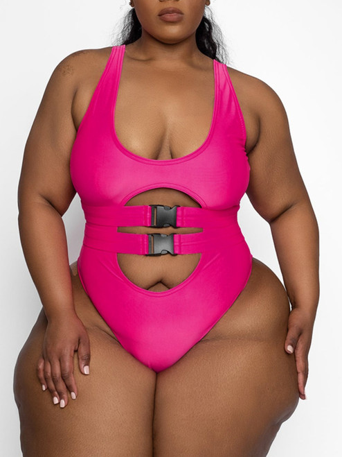 one piece pink buckle swimsuit