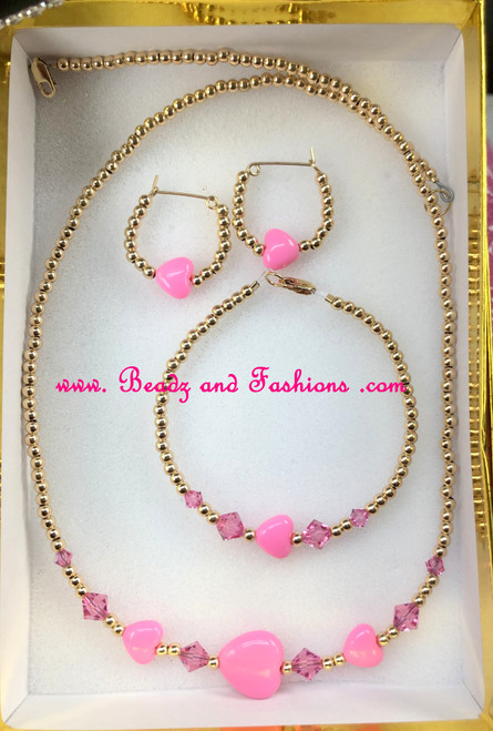 14k gold filled pink heart 3pc set kids.