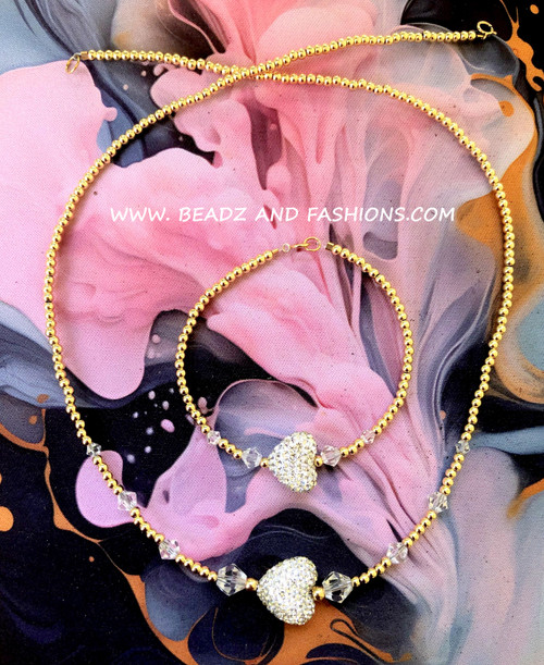 14k gold 2pc CLEAR pave heart set #1B